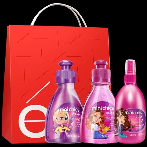 Mini Chics Kelly Tech 120 ml + Mini Chics Rubi Divine 120 ml + Desenredante Mini Chics + Bolsa de regalo ésika